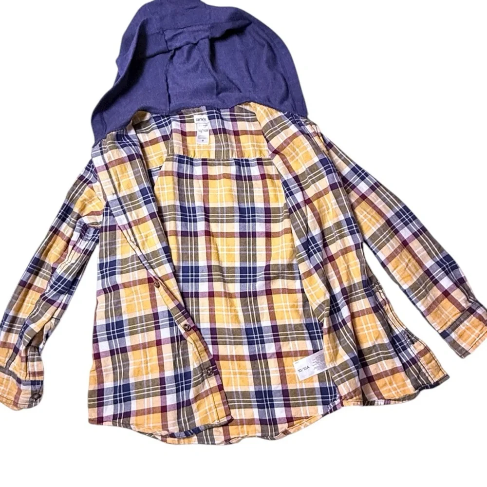 Carters Hooded Boy’s Button Down - Blue and Yellow and Burgundy Size 10
